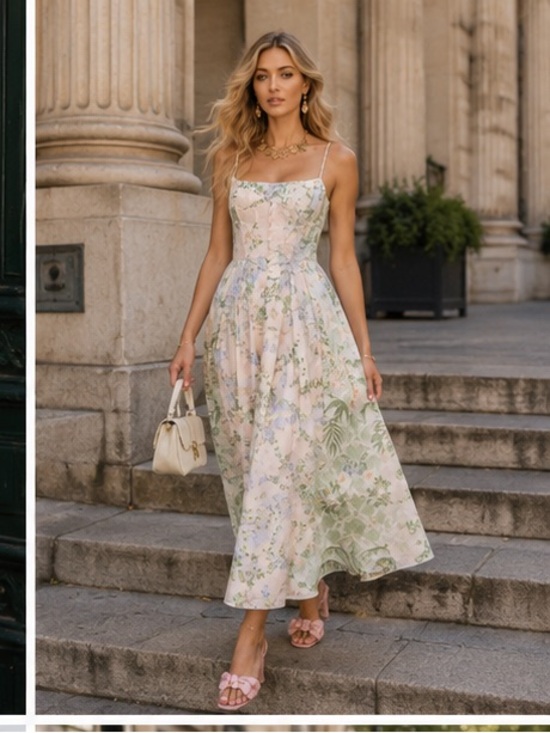 Camilla Dresses & Skirts - Rare Camilla Pastel Floral Spaghetti-Strap Midi Dress in Cream, Green, Blue